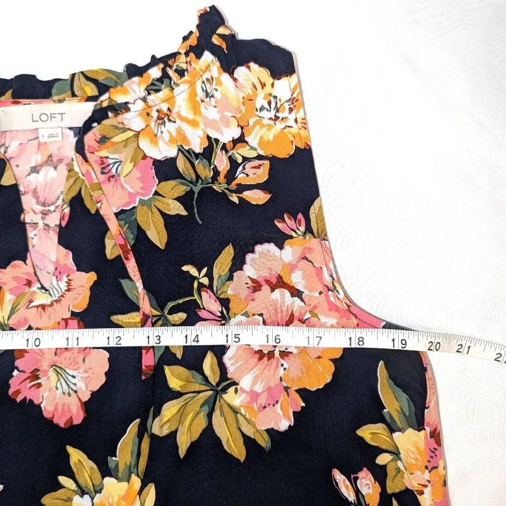 LOFT | Ruffle Floral Split Neck Sleeveless Mini Dress in Navy Blue Multi | Small - Picture 9 of 11